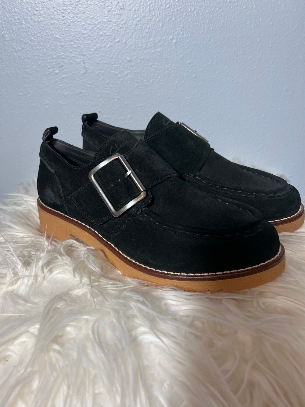 Clarks 9 Womens Loafer Black Suede Eden Mid Monk Pilgrim Block Heel Buckle Derby